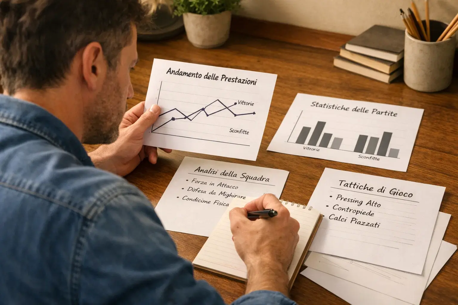 Persona che analizza dati statistici su documenti sportivi con grafici semplici