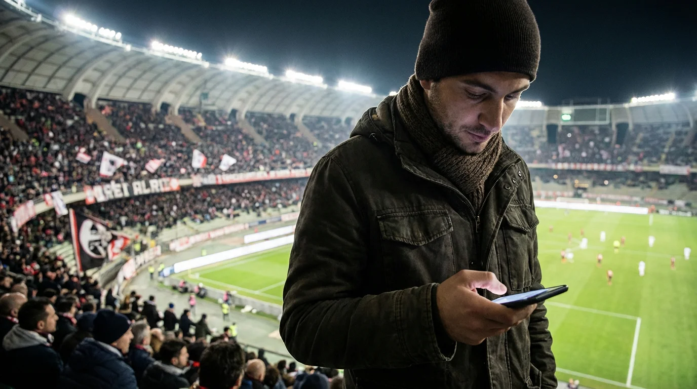 Tifoso seduto in tribuna che guarda il suo smartphone durante una partita serale di Serie B