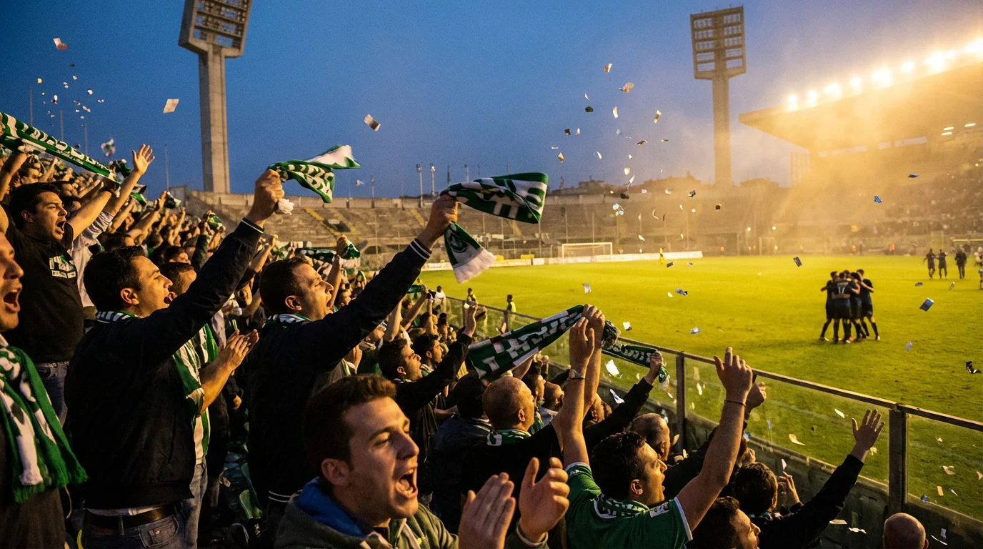 Tifosi entusiasti in piedi sugli spalti di uno stadio di Serie B che festeggiano un gol della squadra di casa