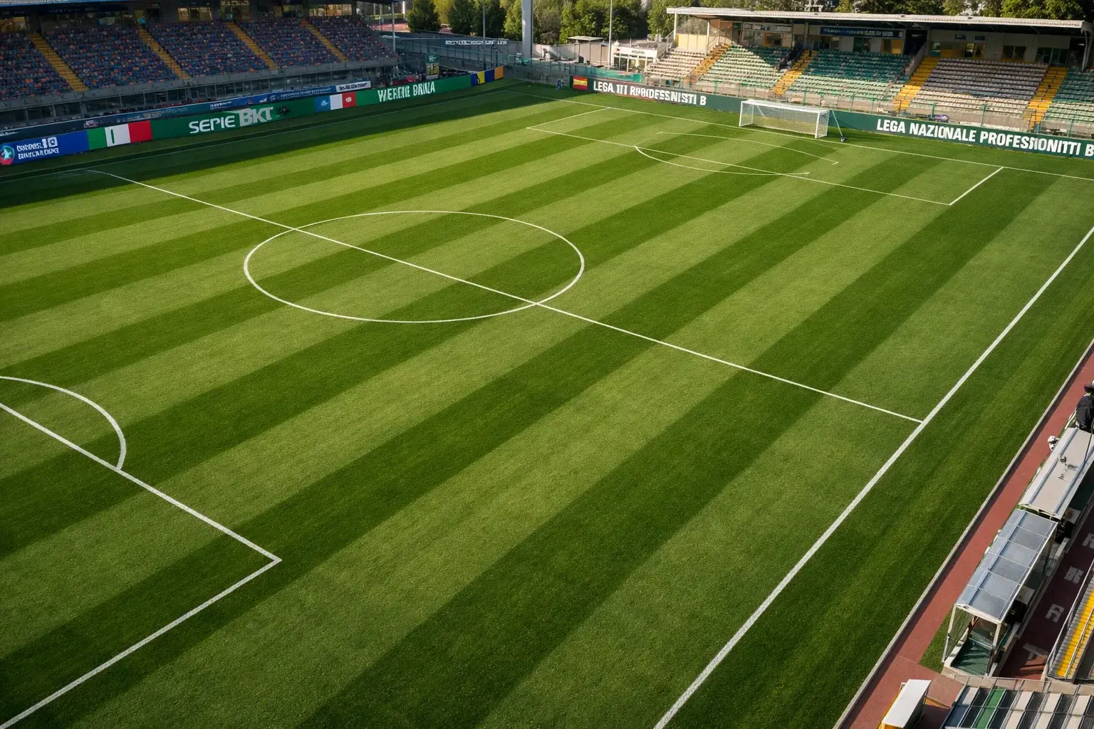 Campo da calcio professionistico con erba verde e linee bianche del terreno di gioco