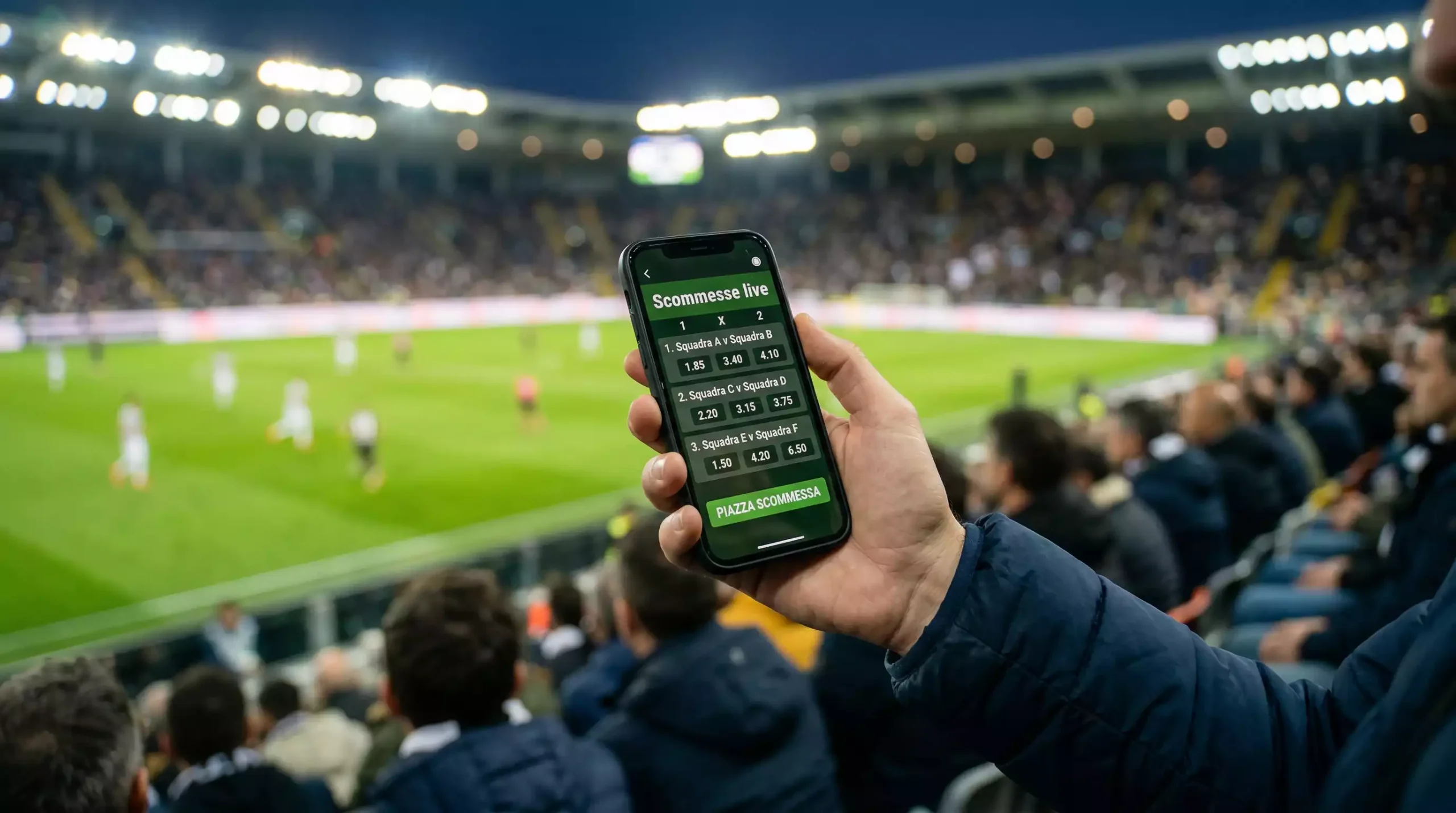 Mano di un tifoso che tiene uno smartphone con una partita di Serie B visibile sullo schermo dello stadio