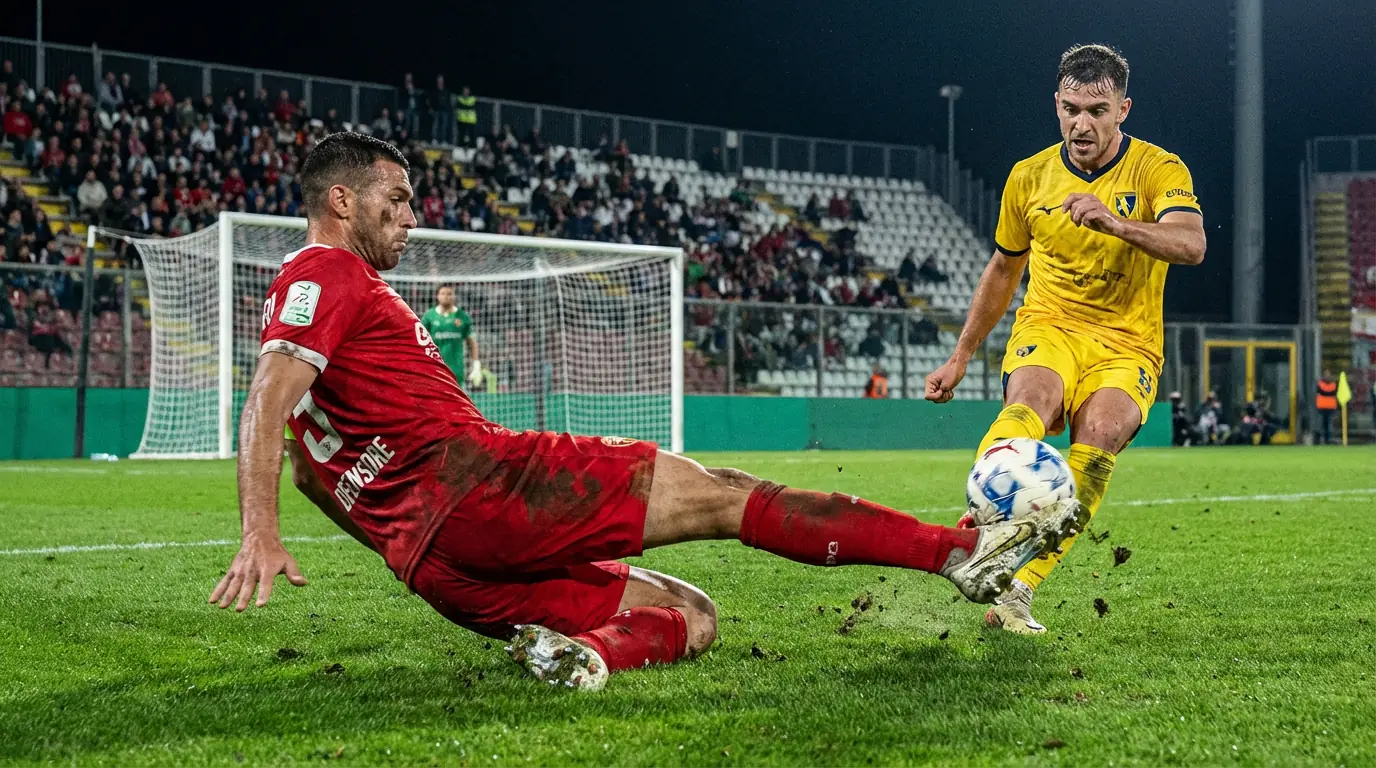 Difensore di Serie B che contrasta un attaccante avversario durante una partita combattuta sul campo