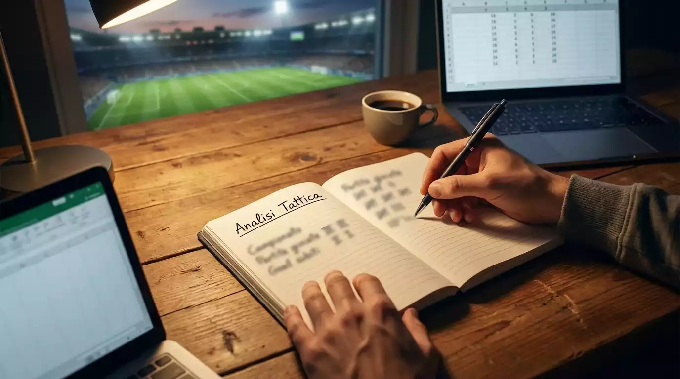 Persona concentrata che prende appunti su un quaderno con una partita di calcio sullo sfondo