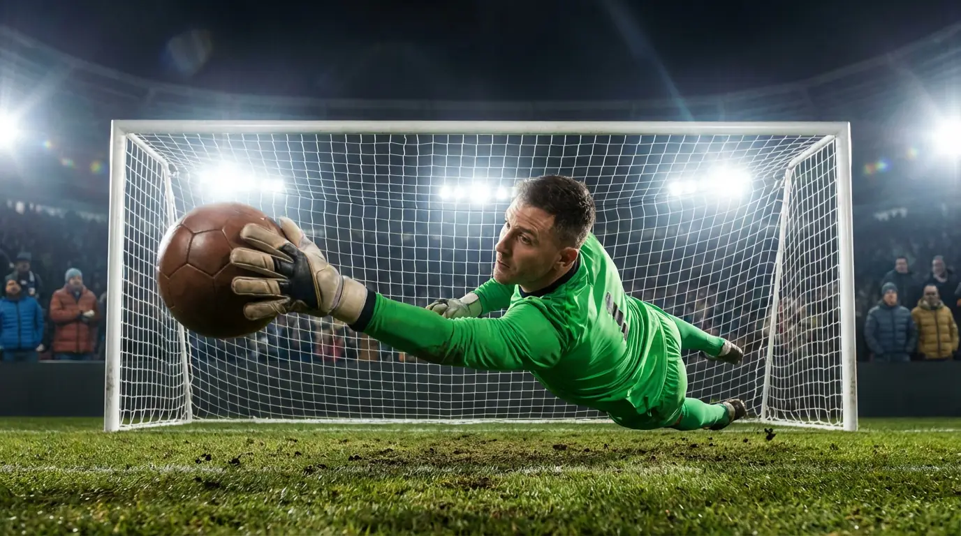 Portiere di Serie B che para un tiro ravvicinato durante una partita del campionato cadetto