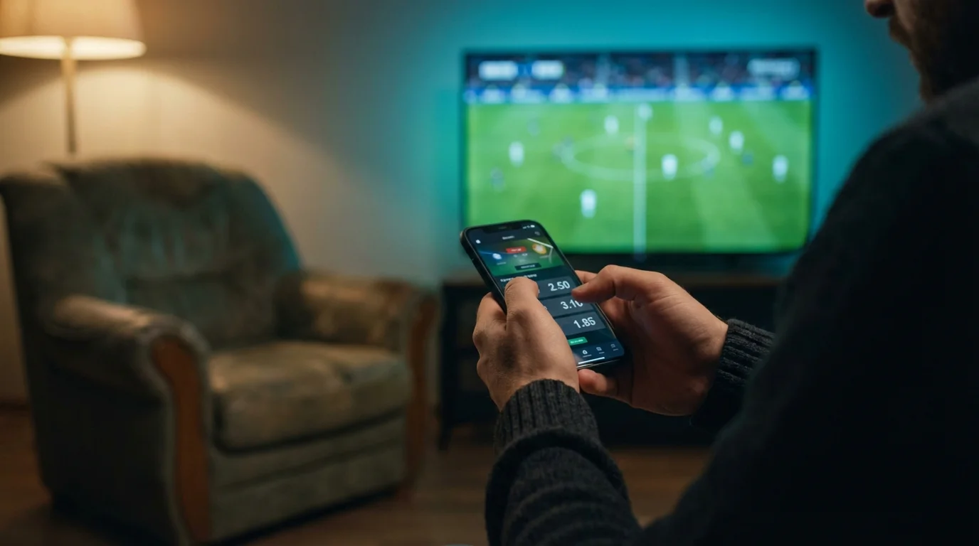 Primo piano di un tifoso concentrato che analizza le quote di una partita di Serie B sullo smartphone