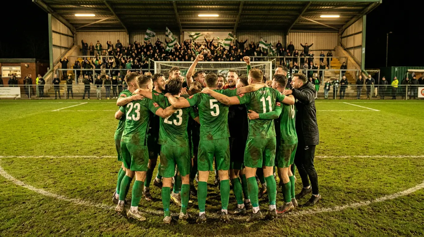 Calciatori di una squadra neopromossa in Serie B che festeggiano insieme a centrocampo dopo una vittoria
