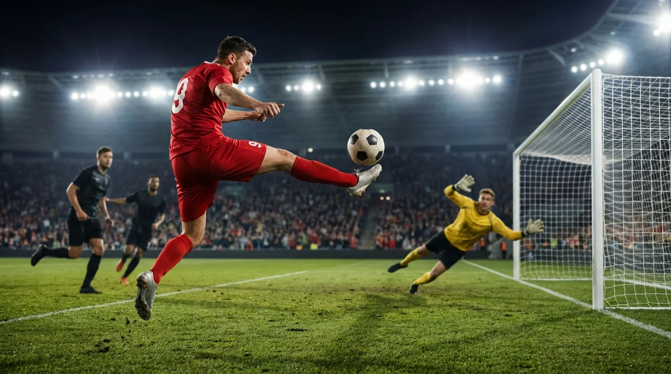 Attaccante di Serie B che calcia verso la porta durante un'azione offensiva sotto i riflettori