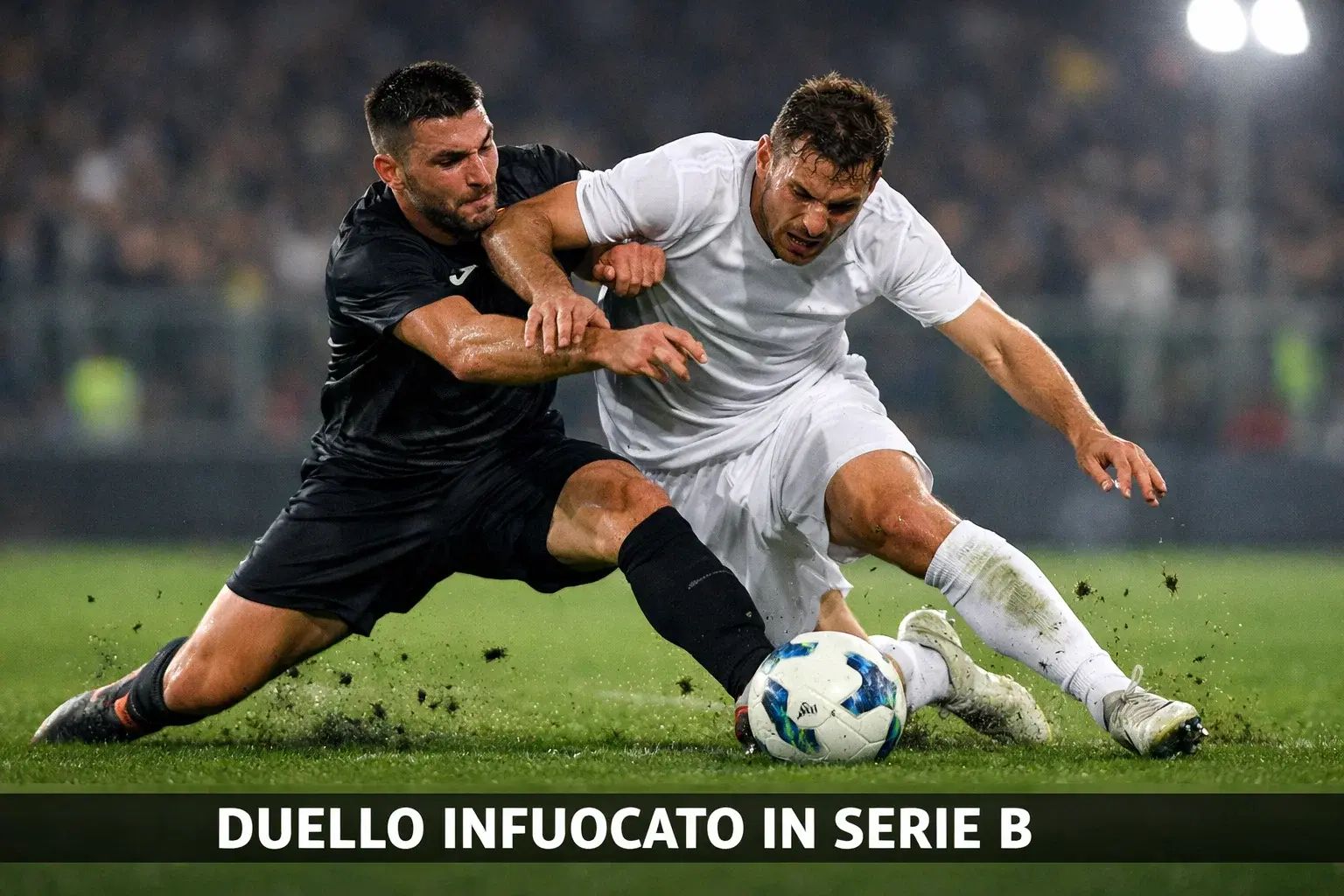 Azione di gioco durante una partita di Serie B con calciatori in contrasto