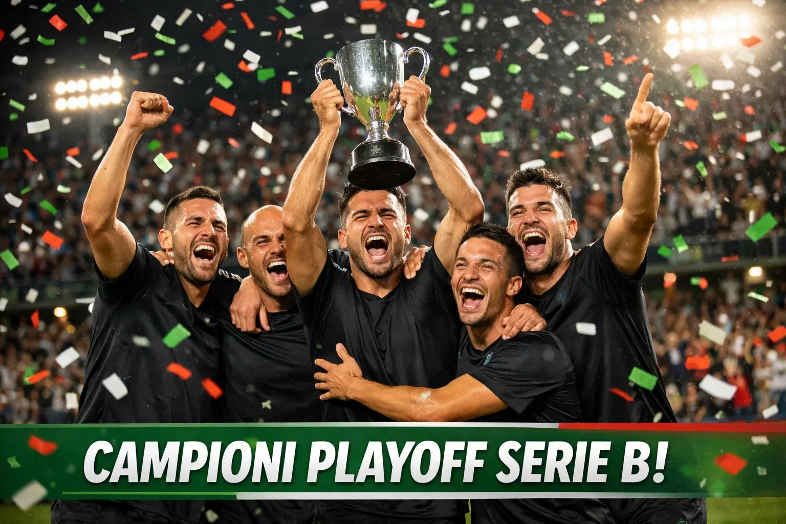 Squadra di calcio che festeggia la vittoria dei playoff sul campo con i tifosi sullo sfondo