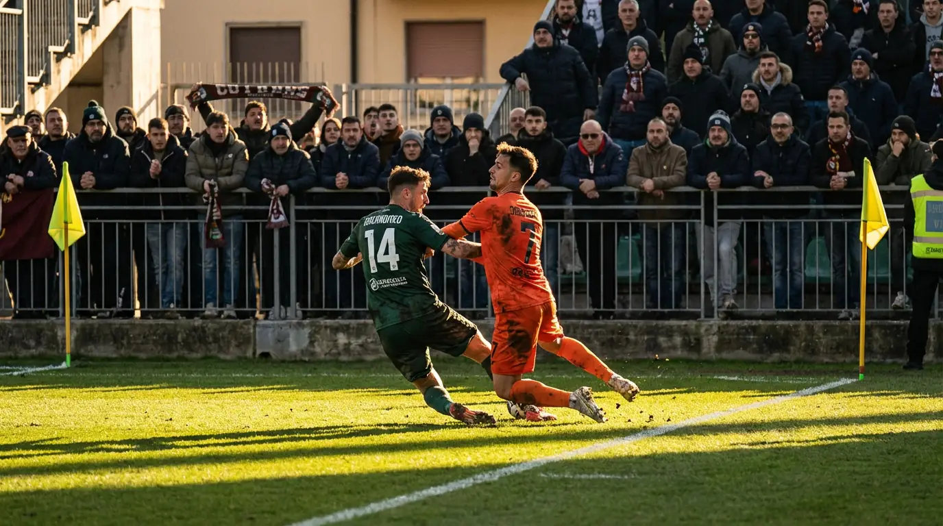 Calciatori in campo durante uno spareggio retrocessione di Serie B in uno stadio gremito