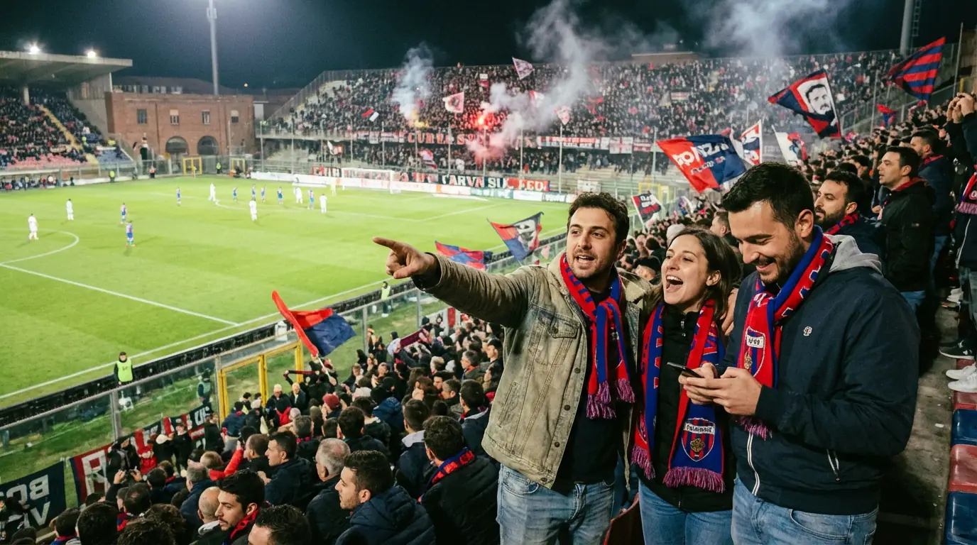 Gruppo di amici che guardano insieme una partita di Serie B in uno stadio italiano pieno di tifosi
