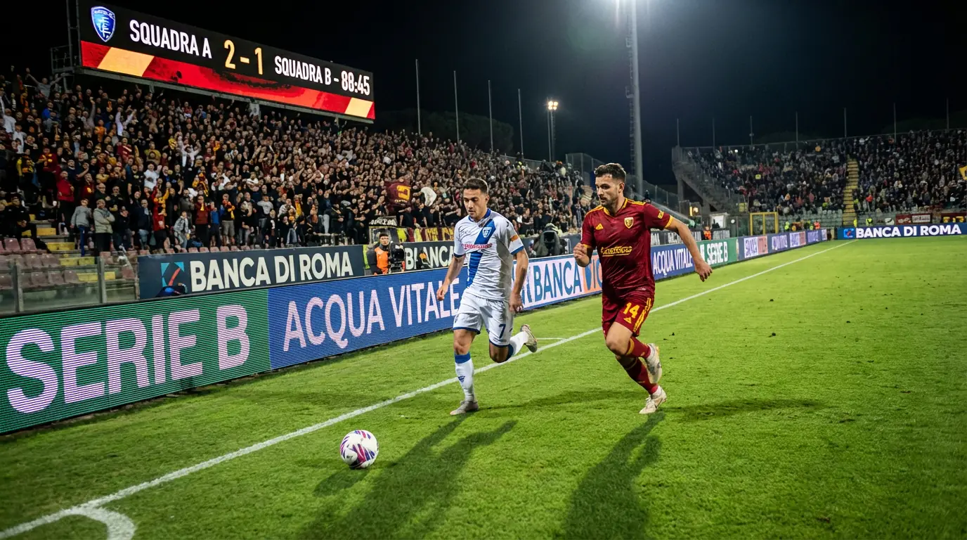 Partita di Serie B in corso di sera con i giocatori in azione e il tabellone luminoso sullo sfondo