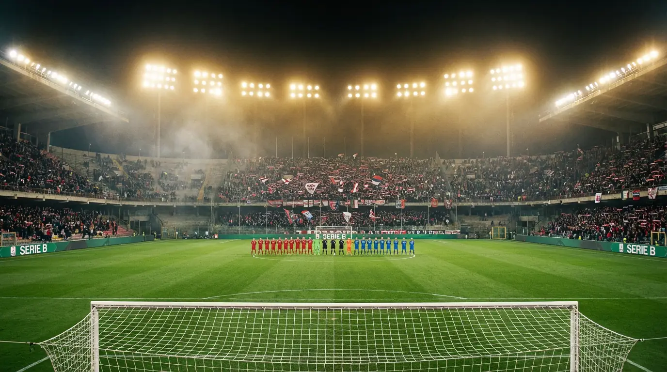 Stadio di Serie B illuminato durante una partita serale del campionato cadetto italiano