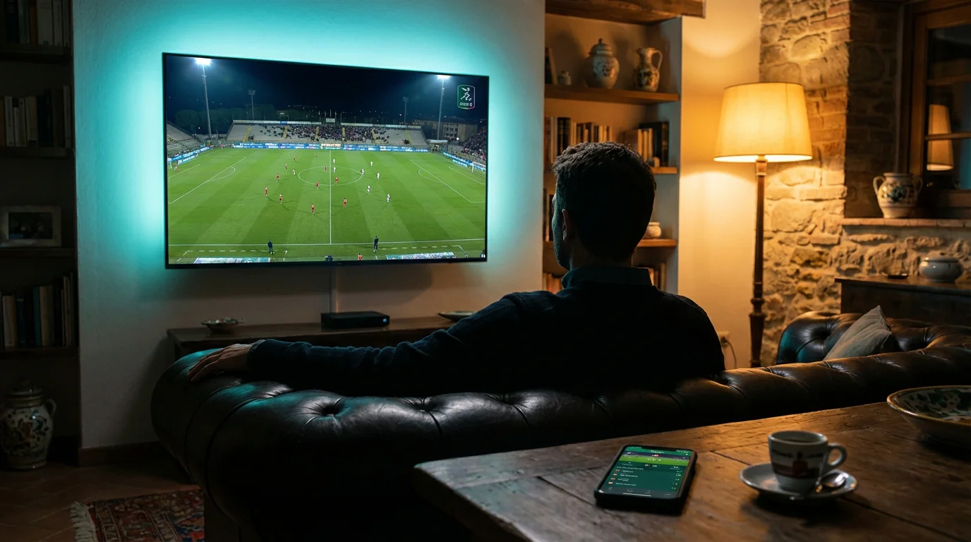 Tifoso che guarda una partita di Serie B in diretta streaming su un grande schermo nel salotto