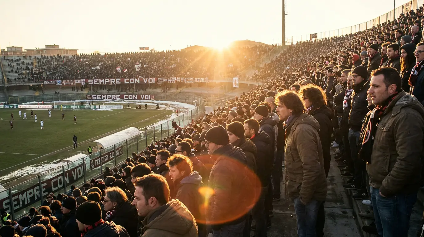 Tifosi di Serie B che seguono con attenzione una partita dagli spalti dello stadio al tramonto
