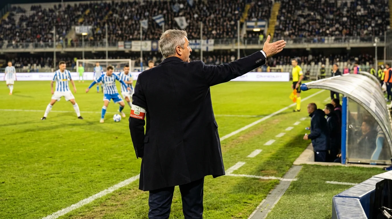 Allenatore di Serie B che osserva il campo dalla panchina durante una partita del campionato cadetto