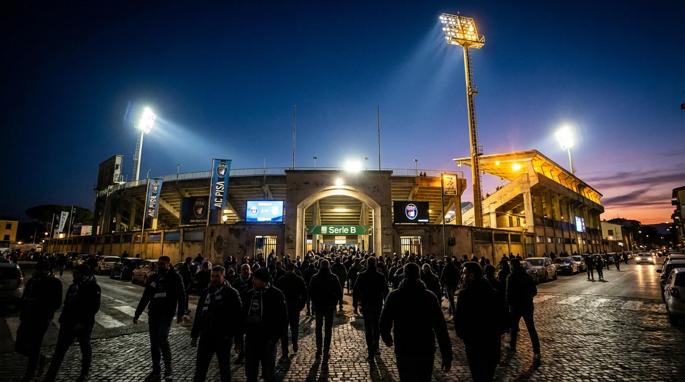 Veduta notturna di uno stadio di Serie B con i riflettori accesi e il campo illuminato prima della partita